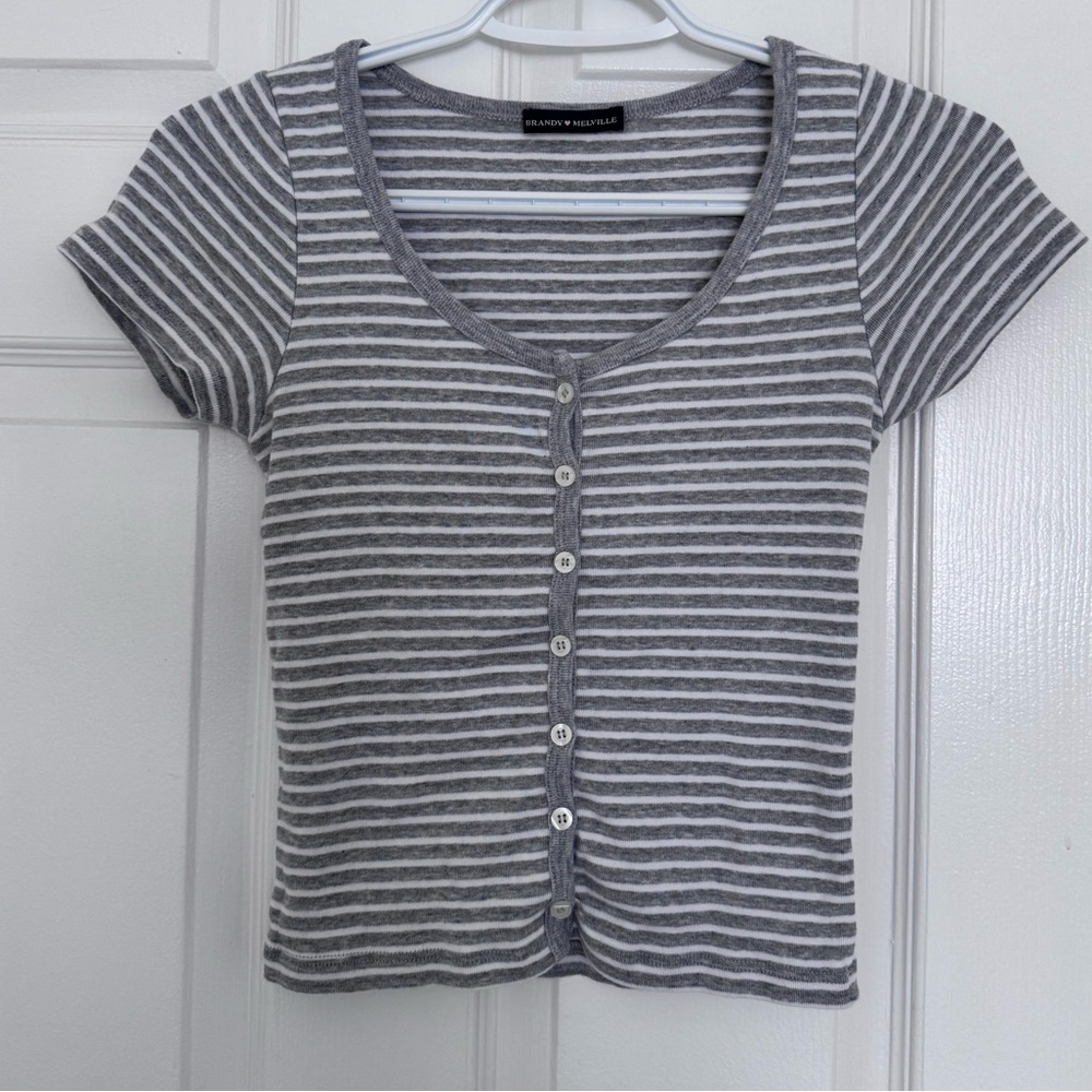 Brandy Melville Gray and White Striped Button-Down Shirt